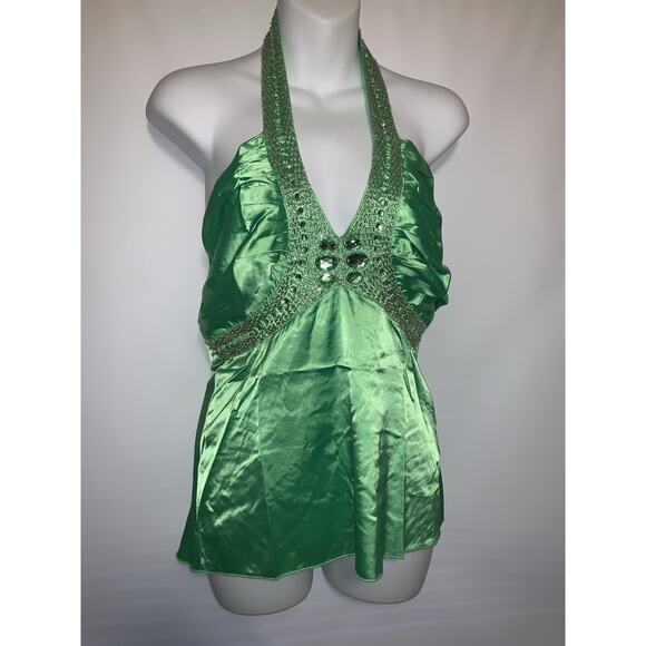 Oh Yes Tops - Y2k Green Satin Halter Top Size Medium Bejeweled Neck DEADSTOCK